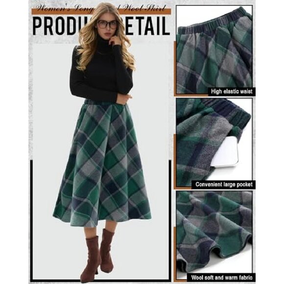 Women's Long Plaid Wool Skirt High Waisted A-Line Pleated with Pockets - Picture 6 of 8